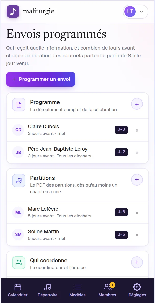 Envois programmés : programme, partitions, référents